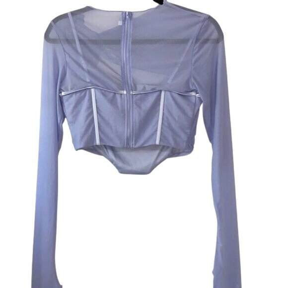 Sheer Mesh Long-Sleeve Corset Style Top With Cutouts Light Blue Size L 95% Polye - Picture 10 of 15